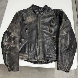 Vintage Distressed Black Leather Motorcycle Jacket Biker Moto Padded Coat Heavy